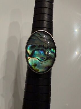 Hand Crafted Iridescent Abalone Oval Ring - Green Blue Sheen